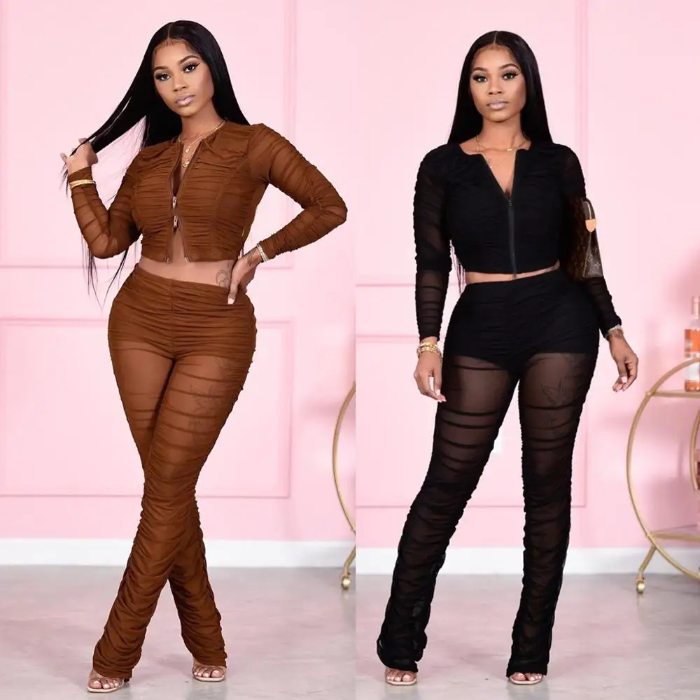 

Solid Color See Through Mesh Patchwork Sexy Women 2 Piece Set Zipper Long Sleeve Slim Top Stacked Flare Pants Party Club Outfits