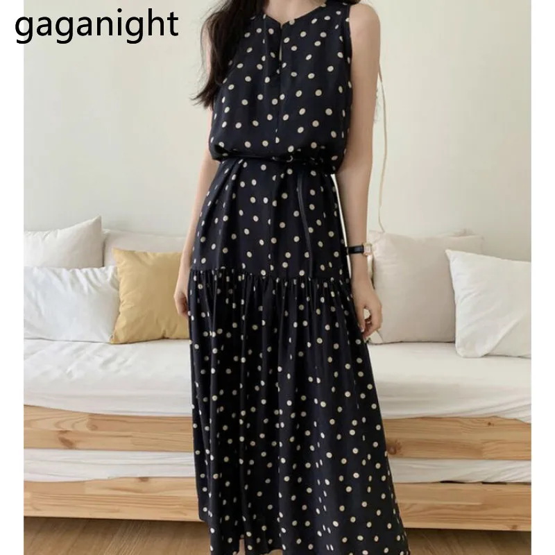 Gaganight винтажное женское длинное платье в горошек летнее тонкое шикарное