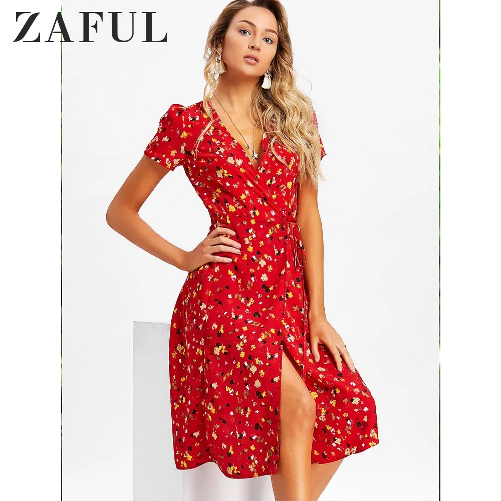 Женское платье средней длины ZAFUL летнее пляжное с v образным вырезом и короткими