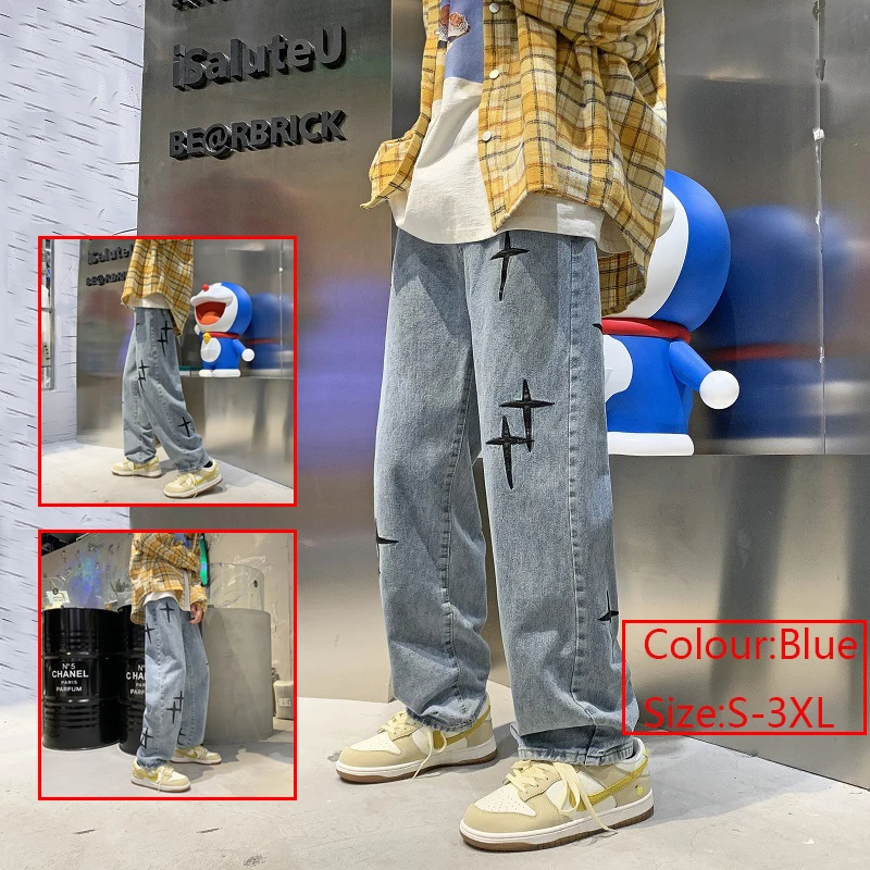 

Джинсы мужские свободного покроя, брендовая одежда с прямыми широкими штанинами, светло-голубая модная уличная одежда, весна-осень