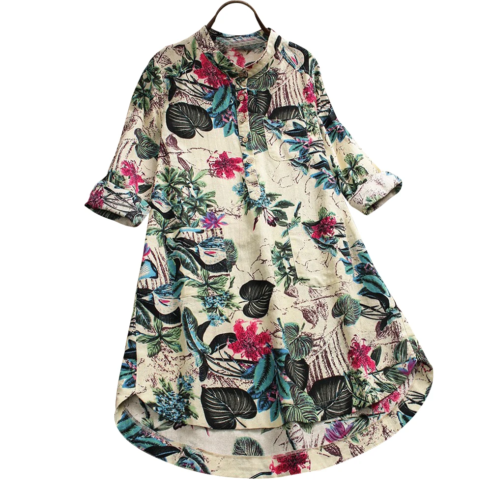 Женская блузка средней длины с длинным рукавом и стоячим воротником размера плюс