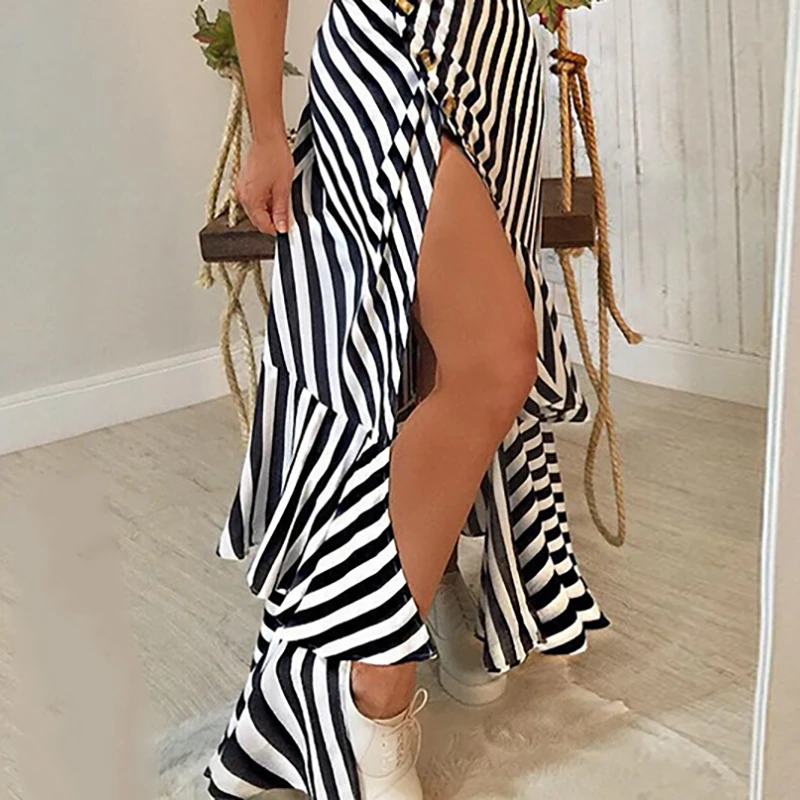 

Summer Empire Button Women Dress Stripe Print Deep V Neck Short Sleeve Dress Slim High Slit Casual Maxi Dresses 2019 Robe Femme