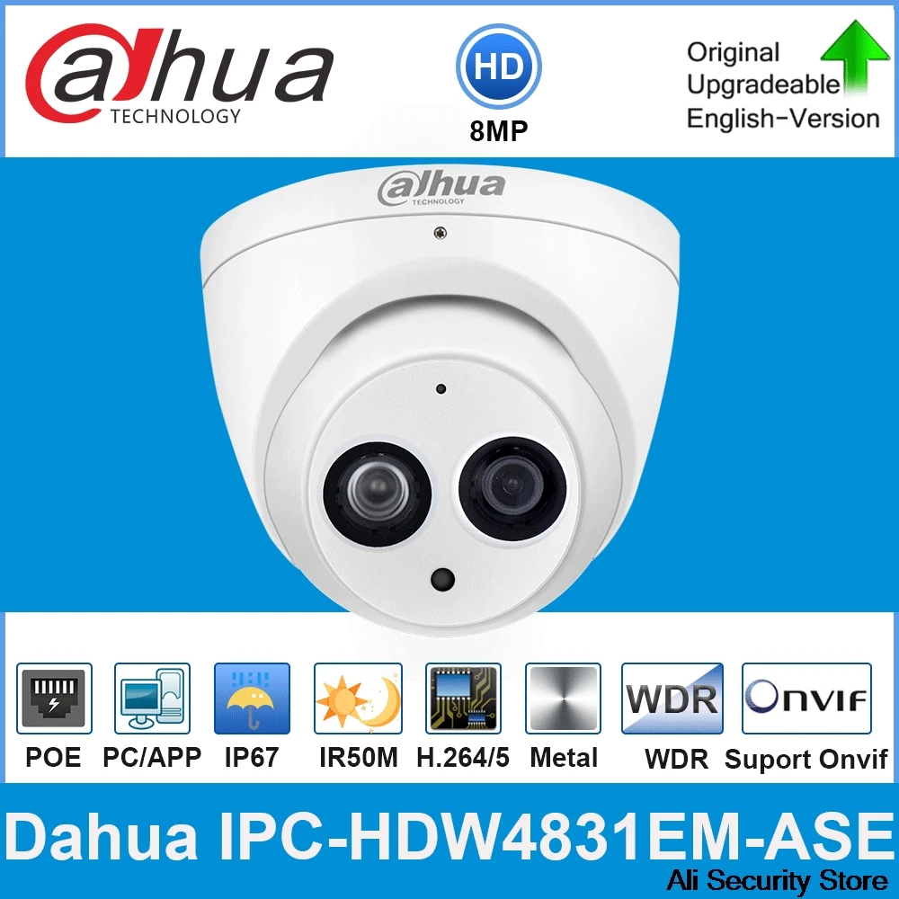 Оригинальная купольная IP-камера Dahua 8 Мп H.265 WDR с микрофоном 50 м IP67 разъем для ИК