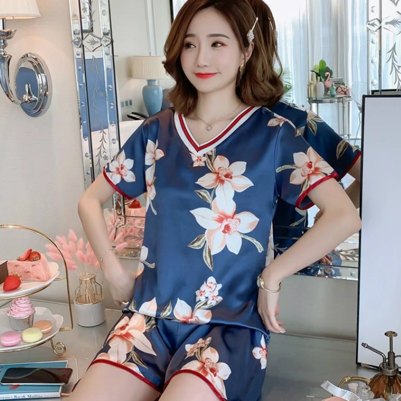 

Pajama Sets Women Printed V-neck Shorts Womens Korean Style Summer Sleepwear Thin Breathable Homewear Pyjamas Elegant Nightwear