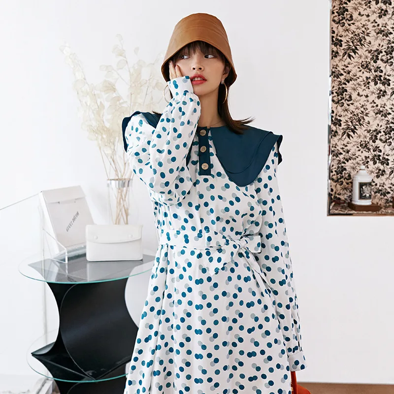 Женское винтажное платье LANMREM демисезонное в горошек с круглым воротником и