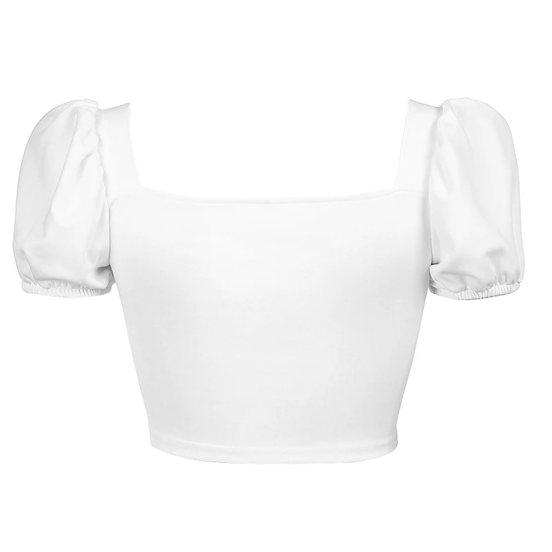 

Women's New Sexy Self-Cultivation Temperament Bubble Sleeve Tether Pleated Square Neck Cropped Short Top White