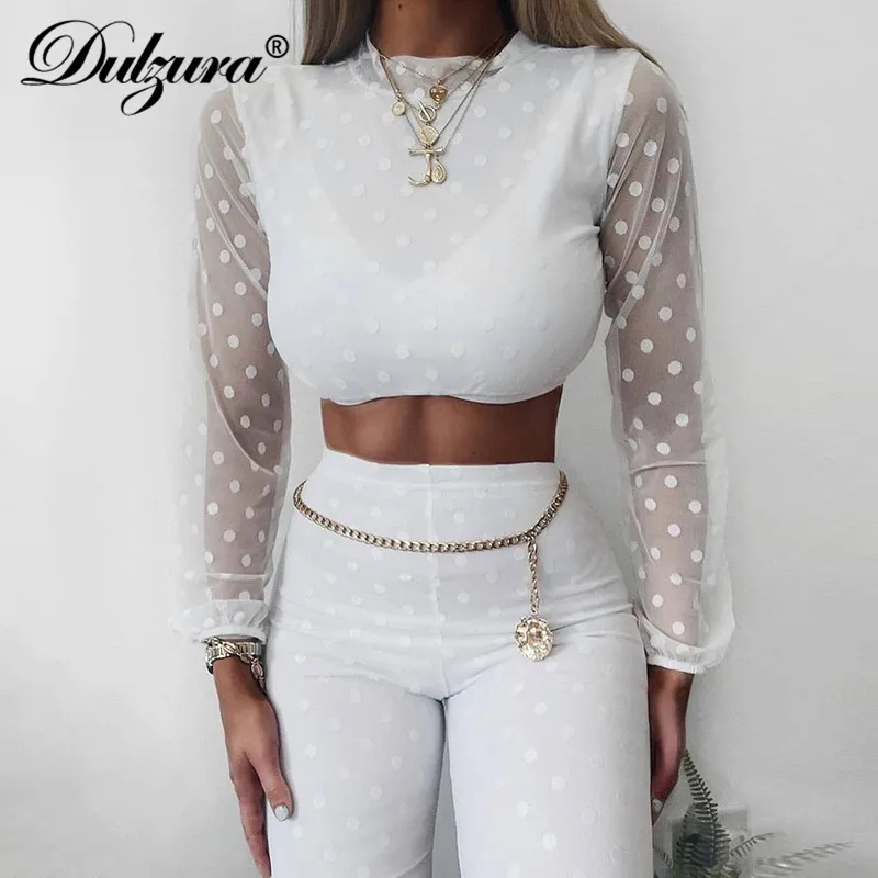Dulzura 2019 осенне зимний женский костюм из двух предметов штаны сетчатый кроп топ в