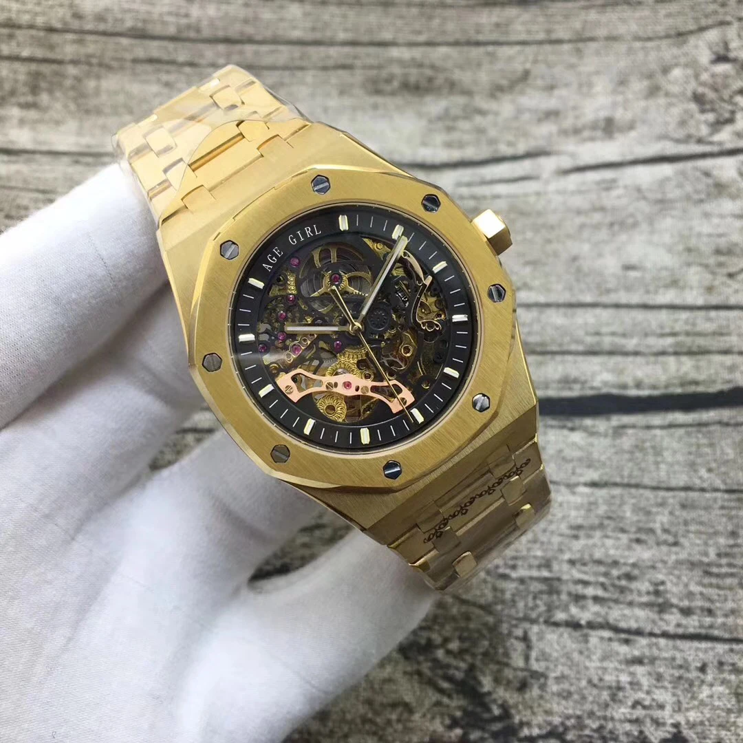 Gold Black Роскошные брендовые новые автоматические мужские механические часы серебро черный сапфир стекло Прозрачный Скелет золото Tourbillion часы AAA - Цвет: Gold Black