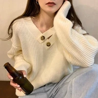 lazy style autumn and winter new solid color knit sweater pullover long sleeved wild loose simple top and velvet sweater
