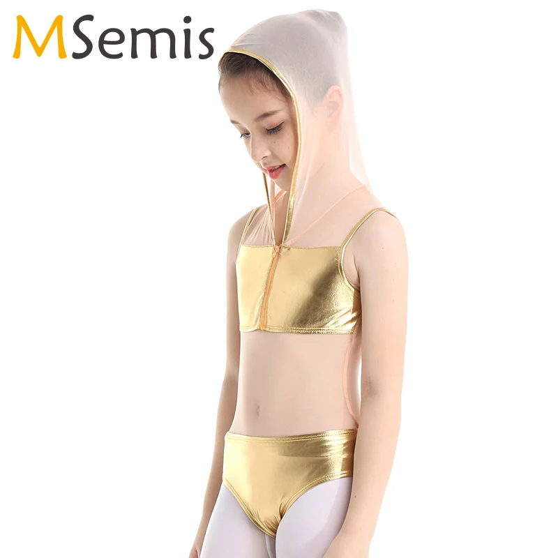 Купальник для девочек балетный без рукавов блестящий металлик с капюшоном