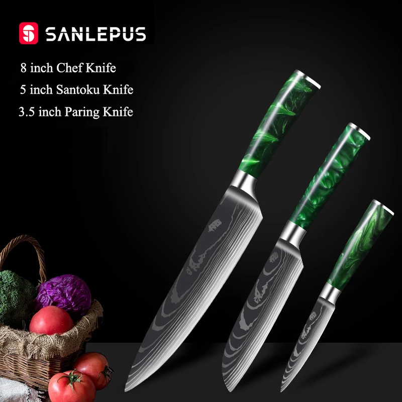 

SANLEPUS Chef Knife 3PCS Japanese Damascus Steel Pattern Professional Kitchen Knives Santoku Cleaver Utility Knife Cooking Tool