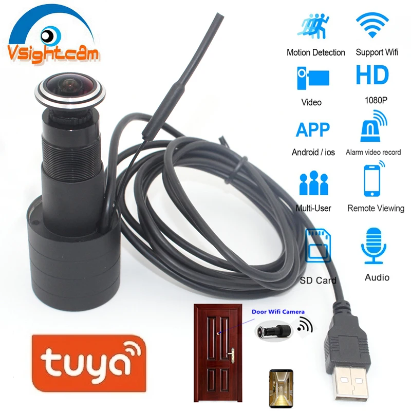 Vsightcam Surveillance Camera Wifi 1080P Door Eye Hole IP Camera 2.1mm Peephole Fisheye Lens P2P Tuya Home Security