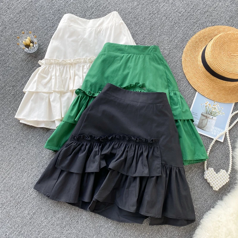 

Повседневная юбка с высокой талией в Корейском стиле, летняя трапециевидная юбка с оборками, НОВЫЕ шикарные короткие юбки
