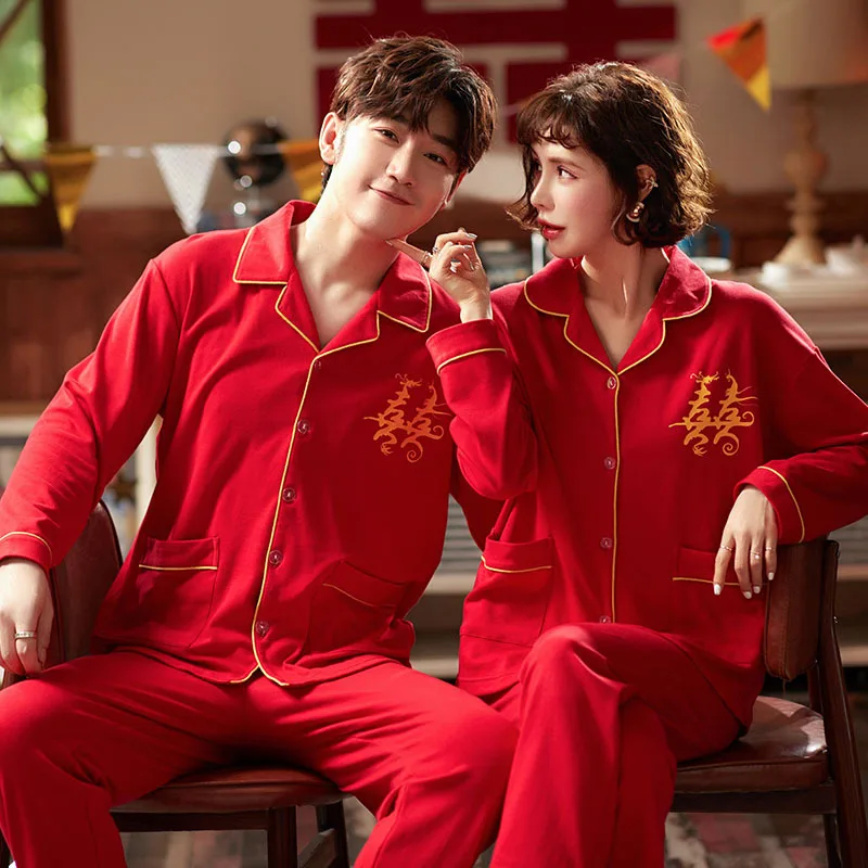 

Pure Cotton Wedding Couple Pajamas Wedding Suit Spring and Autumn Red Birth Year Male Autumn and Winter Bride Leisure Tops