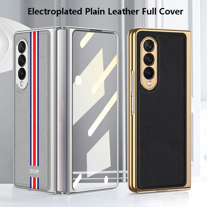 plain leather case for samsung galaxy z fold 3 5g phone cover with tempered glass protective film fitted fundas for samsung w22 free global shipping