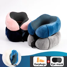 Almohada de viaje de espuma viscoelástica en forma de U, cojín de masaje para el cuello, algodón, Color sólido, máscara para los ojos y tapones para los oídos (3)