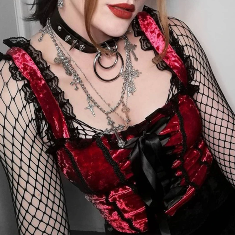 

Cozok Goth Aesthetic Lace Red Camis Vintage Drawstring Sexy Backless Velvet Camisole Women Palace Elegant Bandage Gothic Tops