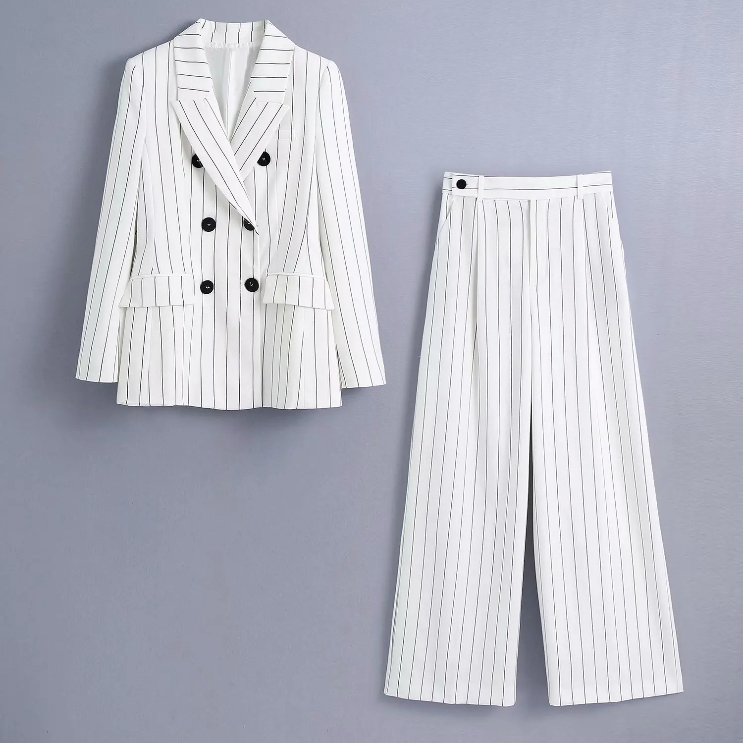

Za 2021 Fashion Suit Two Pieces Sets Women Striped Double-breasted Blazer and Wide Leg Pants Elegant Office Lady Wear Set BB1380