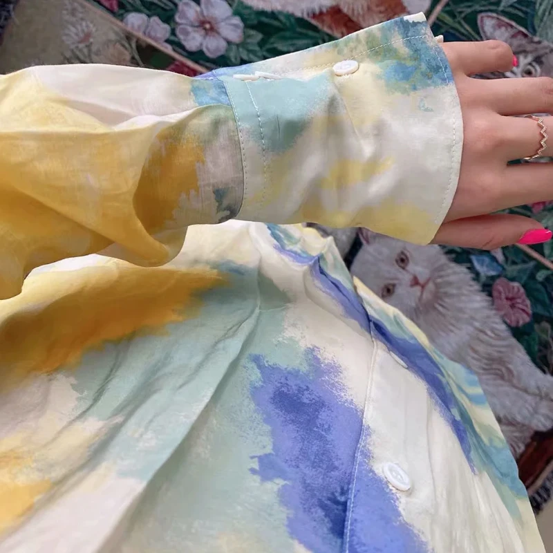 

Women blouses vintage shirts koean fashion button up shirt long sleeve chiffon blouse elegant tie dye ladies tops fall 2020