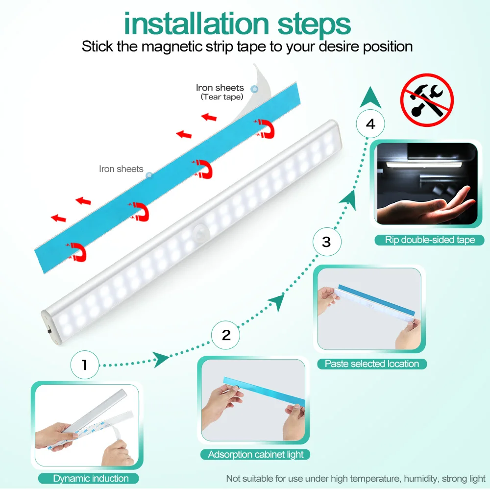 60LED/40LED/24LED светильник под шкаф с датчиком движения, беспроводной USB Перезаряжаемый светильник для кухонных шкафов