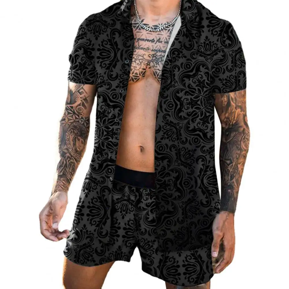 

Men Beach Breathable Casual Mens Sets Shirt Shorts Digital Print Quick Dry Hawaii Single-breasted Lapel Shirt Shorts Set Holiday