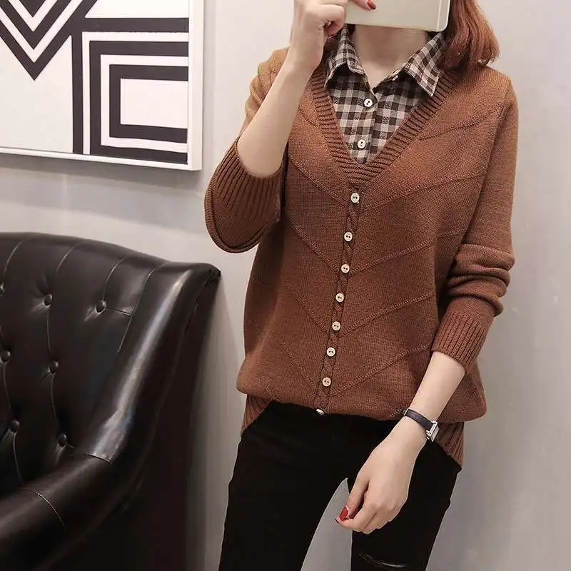 Свитер с воротником-стойкой женский свитер имитацией двух частей свободный