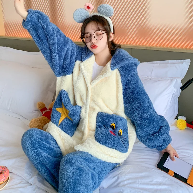 Winter Pajamas Women Sleepwear Plush Inspissate Nightgown Hooded High Quality Packed Thicken женский Loose Version Pajama Set