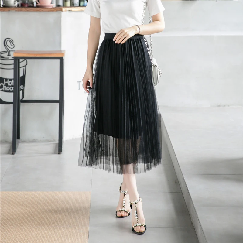 

Korean Women Tulle Skirt Fashion Mesh White A Line Ladies Pleated Skirt Summer Chic High Waist Black Party Faldas 2021