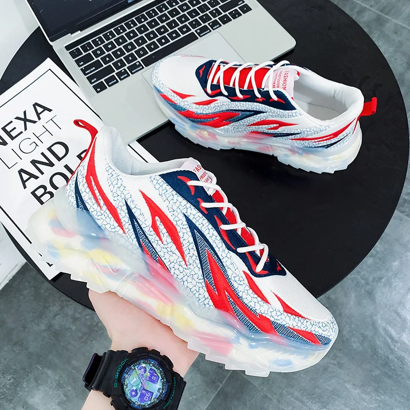 

Мужские кроссовки, роскошная повседневная обувь, модные лоферы, тренер, обувь с толстой подошвой, с принтом пламени и попкорна