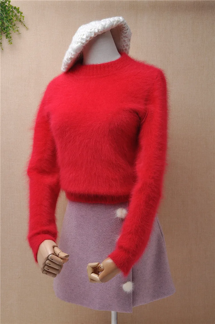 

Korean style women female christmas red mink cashmere short style knitted long sleeves pullover angora rabbit fur winter jumper