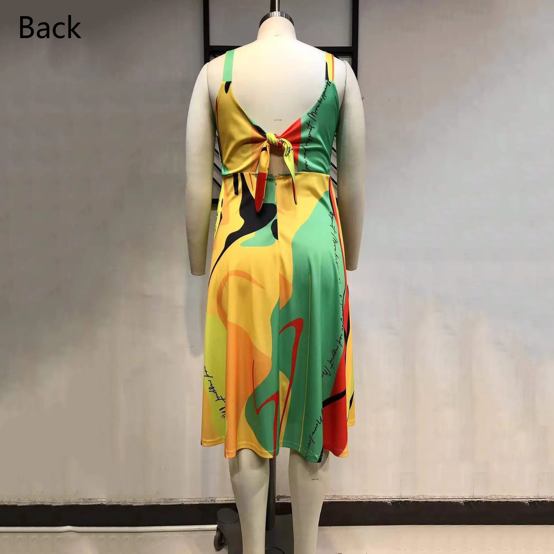 

4XL 5XL Plus Size Yellow Dress For Womens Large Spaghetti Strap V Neck Backless Mid Calf Elegant Fashion Vestidos Dress Midi New