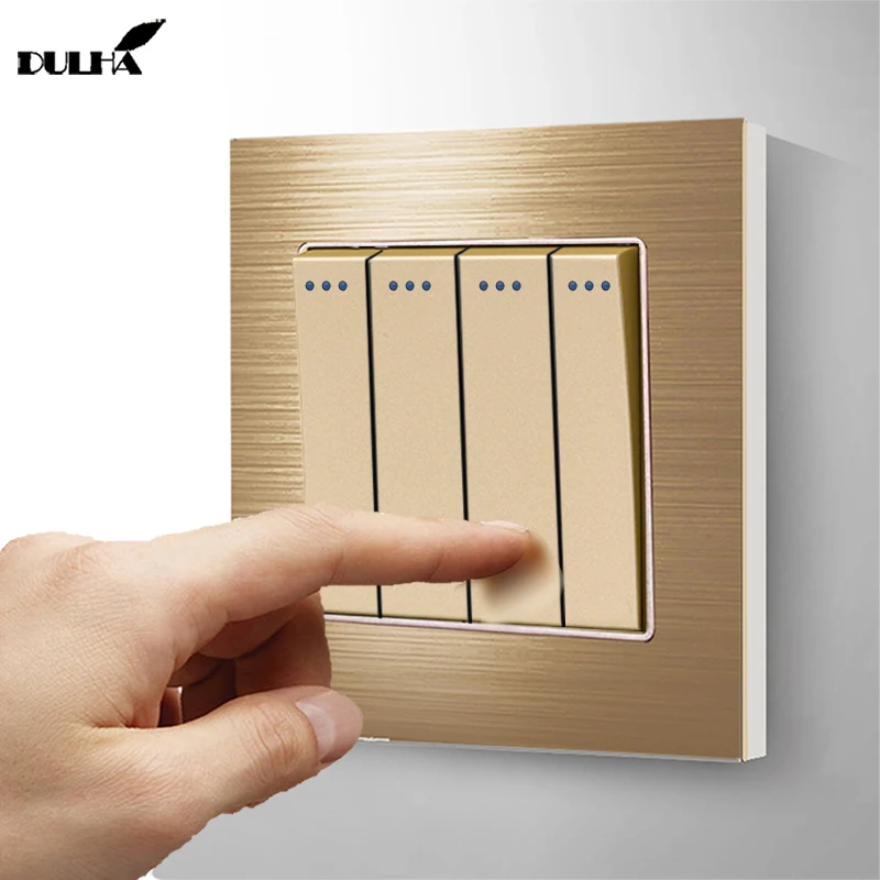 

Luxury Golden 4 Gang1 Way Wall Light Switch Brushed Satin Metal Electrical Push Button Switches Finger Plate Panel Free Ship