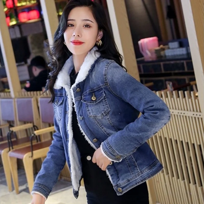 

Winter Denim Short Coats Women New Fashion Slim Long Sleeve Cotton Jean Jacket Thicken Warm Blue Female Outerwear XS-2XL
