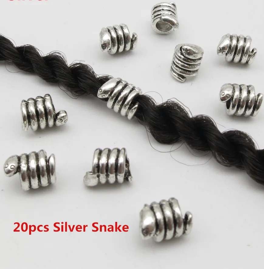 20pcs Silver Snake 10 шт-20 шт Золотой/Серебряный металлический Змеиный маленькое отверстие для волос оплетка дреды бусины кольца трубка для аксессуаров для укладки - Цвет: 20pcs Silver Snake