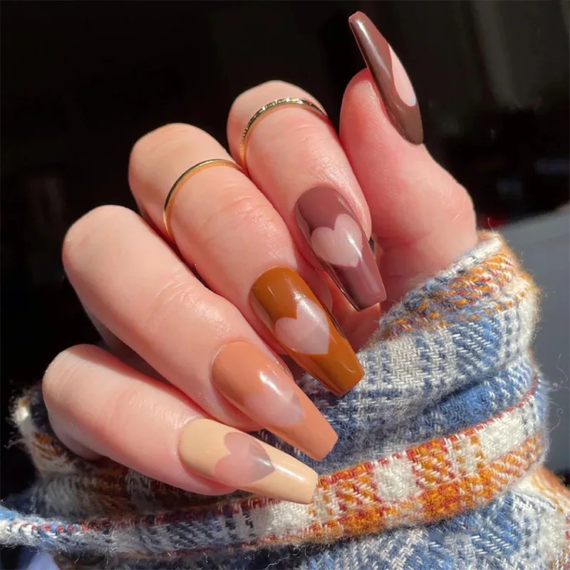 

24pcs Love Heart Printed Nail Patch Glue Type Removable Long Paragraph Fashion Manicure Save Time False Nail Patch NE
