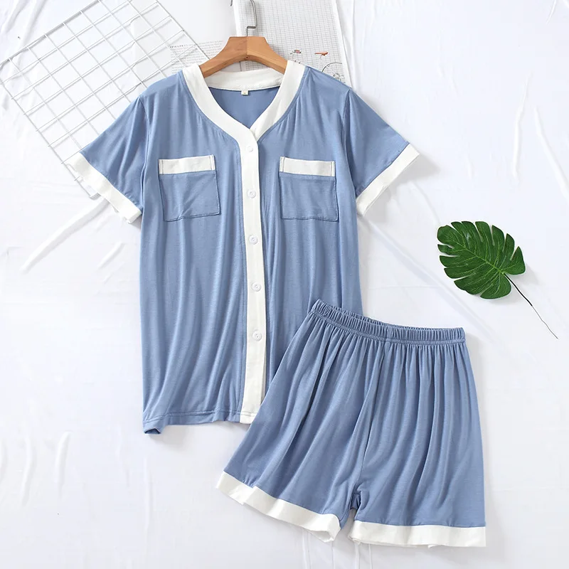 

Women's Summer New 2PCS Modal Pajamas Suit Short Sleeve Shirt&Shorts Nightwear V-Neck Home Clothes Lounge Sleepwear With Pocket