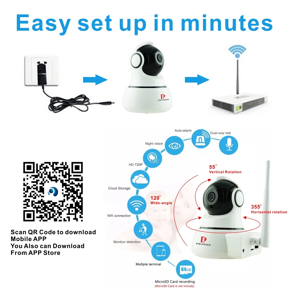 

Pripaso 720P IP Camera Wireless Home Security Audio Record IP Camara Surveillance Camera Wifi Night Vision Baby Monitor CCTV Cam