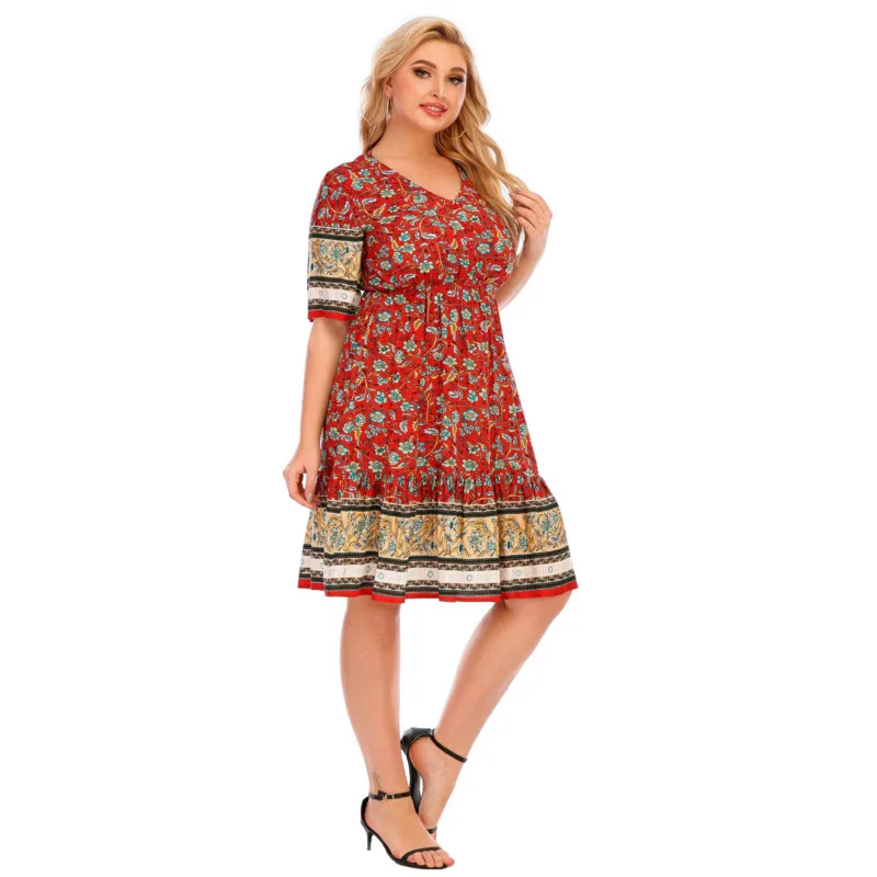 

Plus Size Women's Dress Elegant Short Sleeve Temperamental Printed Office Ladies Vintage Oversize Basic Woman Flower Dress