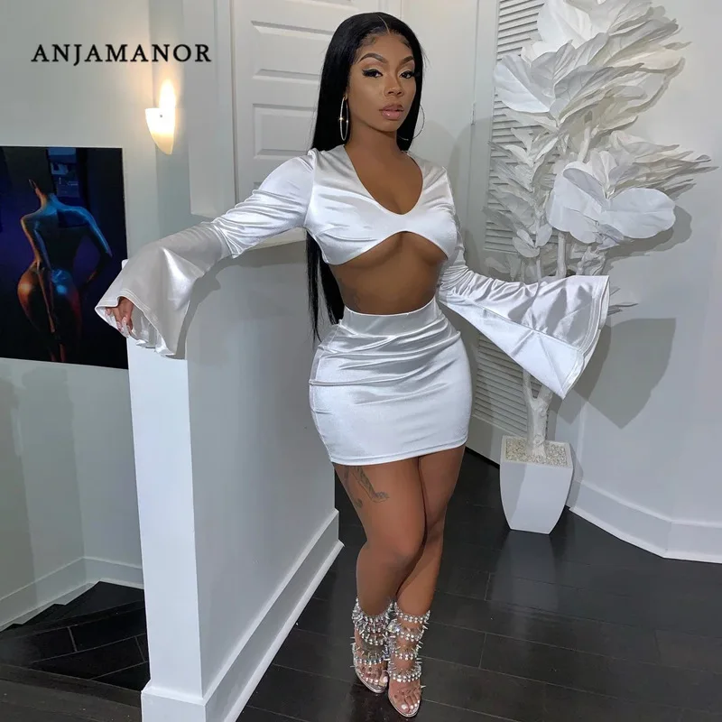 ANJAMANOR сексуальный комплект из двух частей юбка черный белый атласный Шелковый