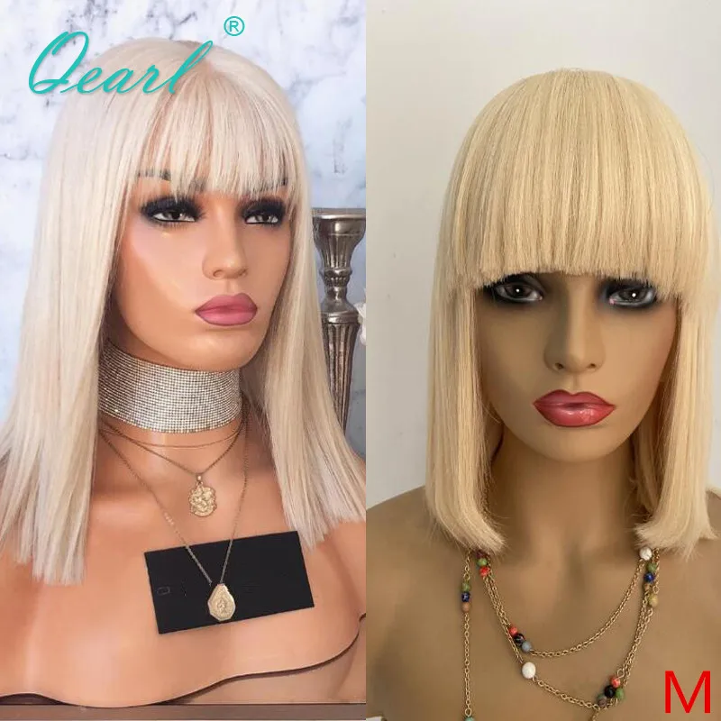 

Short Bob Human Hair Wigs with Bangs 613 Colored Virgin Hair Fringe Wig for Women Straight Machine Made Wig Glueless 150% Qearl