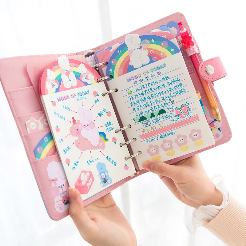 A6 Kawaii Journal Notebook Diary Loose-leaf Planner Weekly Ring Binder Agenda Rabbit Sticker Pockets | Канцтовары для офиса и