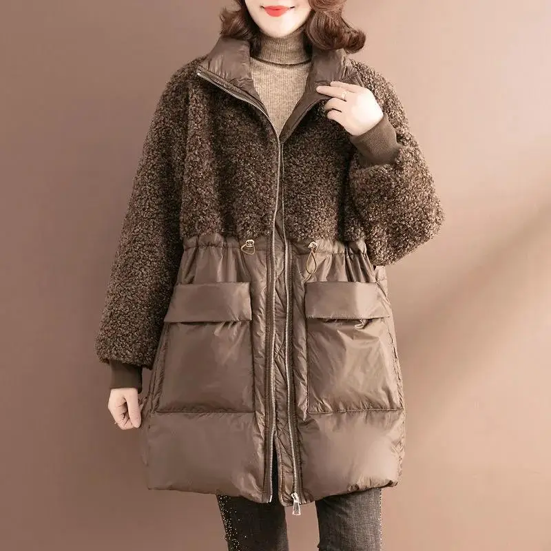

Cotton-Padded Jacket Women Mid-Length Winter Jackets Fashion Pocket Outerwear Lamb Wool Overcoat Loose Warmth Coat Female 4XL