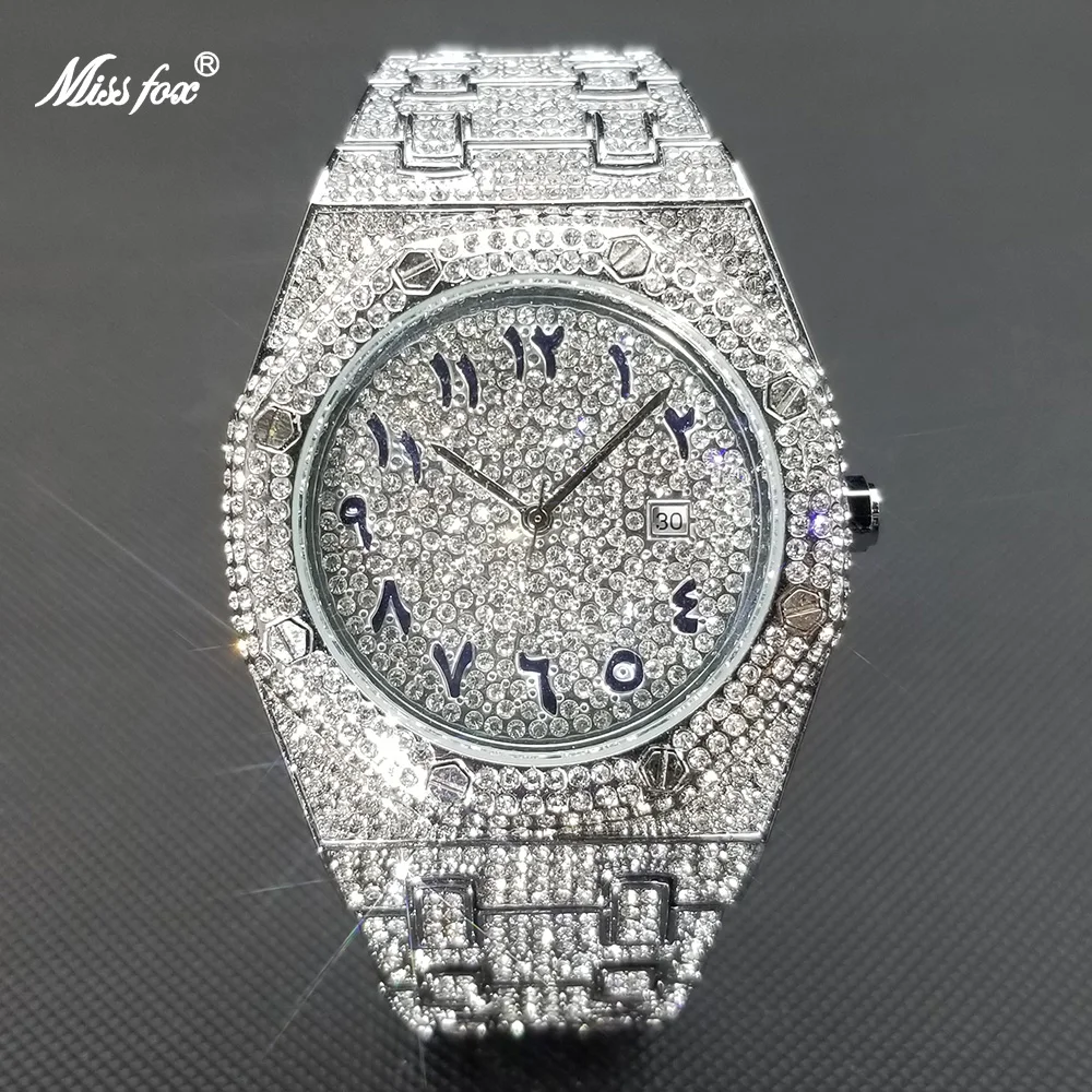 

MISSFOX Hip Hop New Mens Watches Luxury Full Diamond Silver Quartz Watch Geneva Design Arabian Number Big Size Relogio Masculino