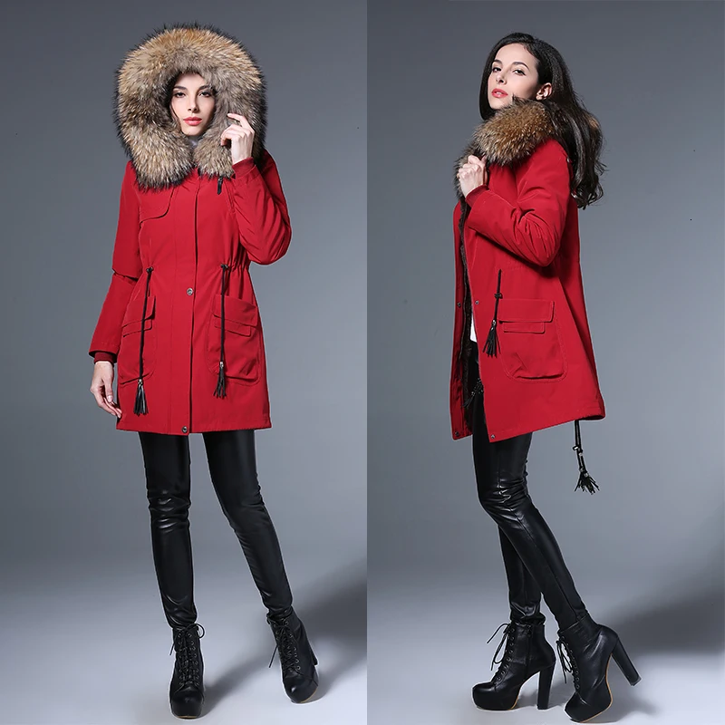 Женское зимнее пальто с воротником из натурального меха енота Женская парка