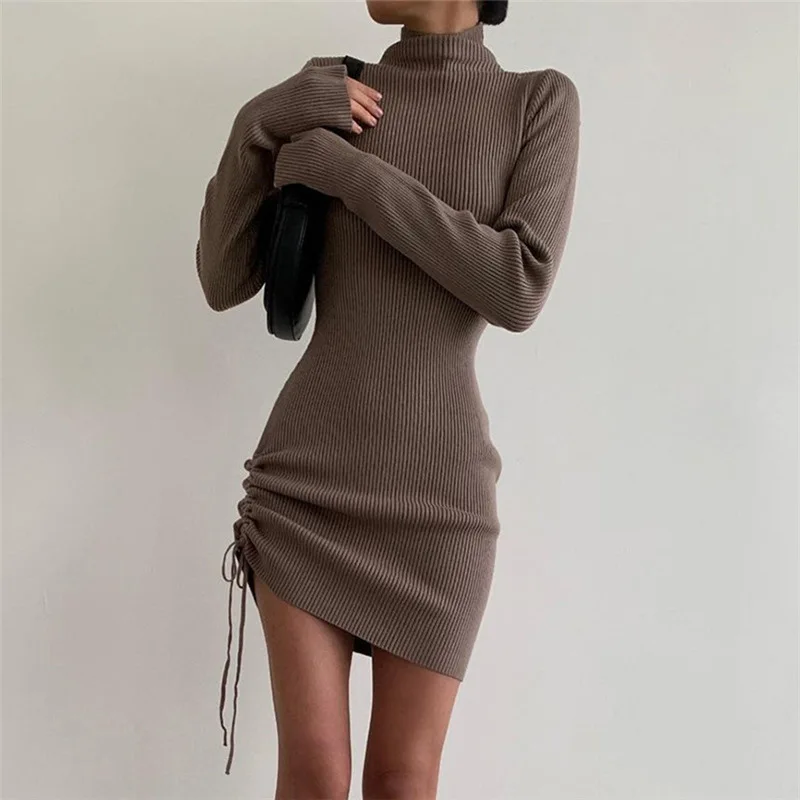 

Autumn and winter women's high neck long sleeve fashion design adjustable drawstring buttock slim dress