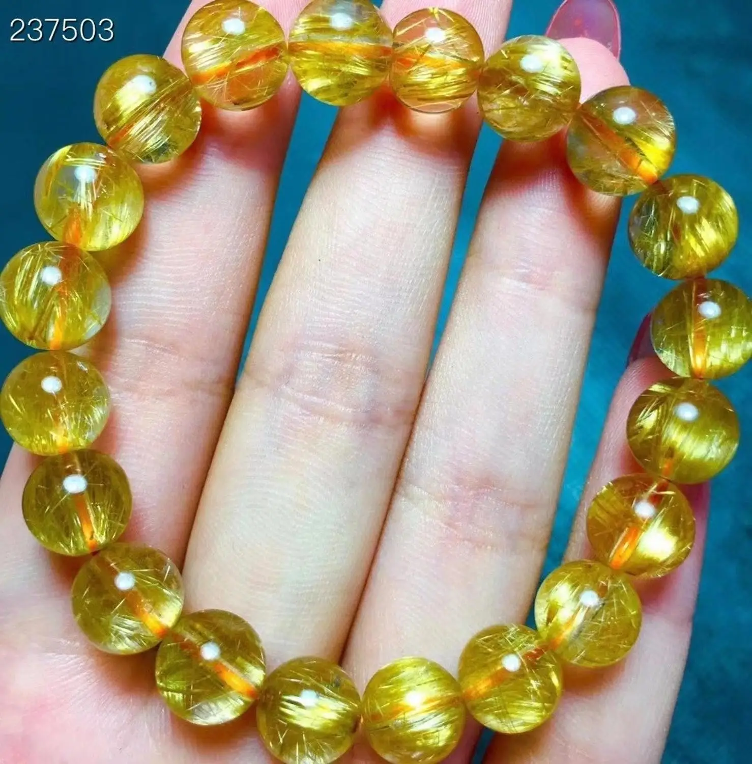 

9mm Genuine Natural Gold Rutilated Quartz Bracelet Crystal Woman Man Titanium Clear Round Beads AAAAA