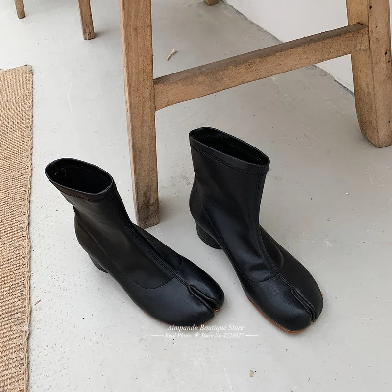 New Autumn Stretch Ankle Boots Novelty Split Toe Boots Women Cozy Round Heel Genuine Leather Riding Booties Fashion Short Botas