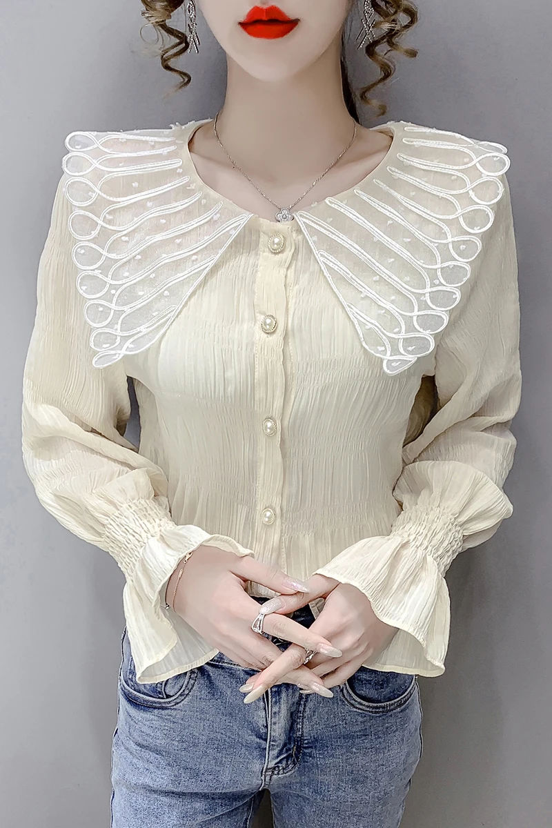 

COIGARSAM Fashion Full Sleeve Shirt Womens tops New Casual Patchwork Peter pan Collar Mesh Women shirts Apricot White Black 1674
