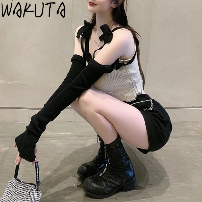 Женский укороченный топ с бантом WAKUTA рубашка длинным рукавом и открытыми плечами