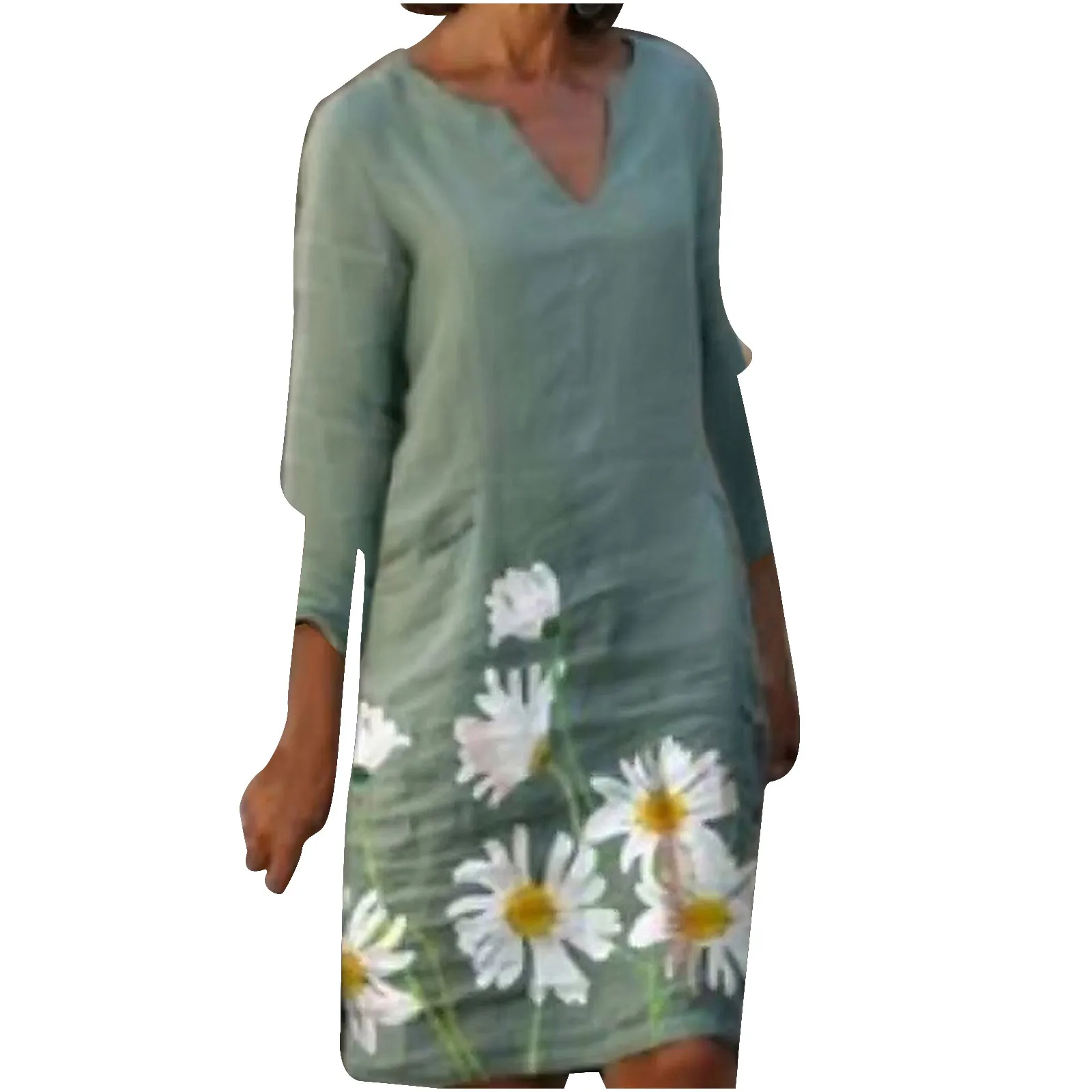 

2021 New Cotton Linen Straight Dress Women Bohemian Print Vacation Dress Half Sleeve V-Neck Casual Mini Dress Summer Vestidos